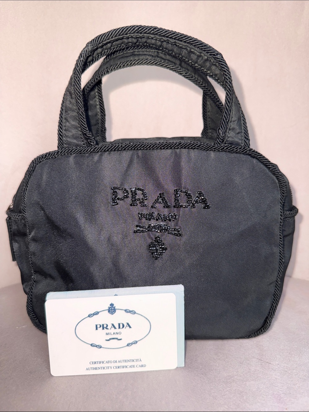 Prada Authentic Black Nylon Beaded Logo Mini Tote Bag